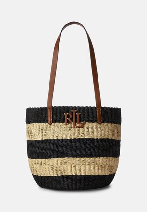 Sac fourre-tout tissé avec de larges rayures noires et naturelles, poignées en cuir marron et logo "RLL" en relief au centre devant.