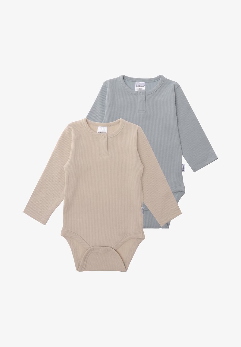 Two long-sleeve baby bodysuits in beige and soft blue. Ribbed fabric, snap closures at the bottom, and round necklines with a button accent.