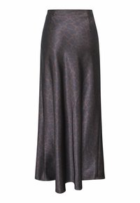 Lang, A-line nederdel i mørkebrun imitationlæder med et subtilt abstrakt mønster. Har høj talje og sidelommer. Glat tekstur.
