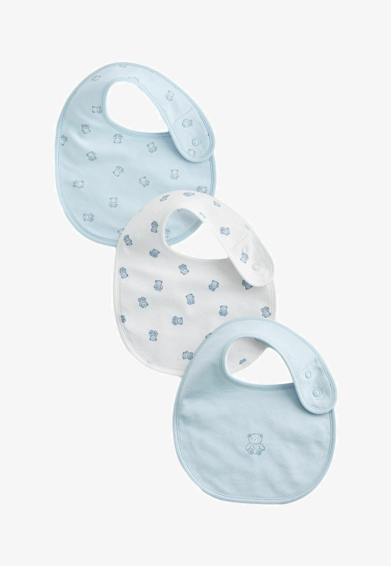 Sada tří dětských bryndáků z jemné bavlny. Obsahuje světle modré a bílé barvy, potisky s medvídky a patentky pro snadné oblékání.