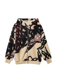 Futrzana bluza z kapturem w kolorze czarnym, bordowym i kremowym z abstrakcyjnymi wzorami. Posiada kaptur i elastyczne mankiety w miękkim, teksturowanym materiale.