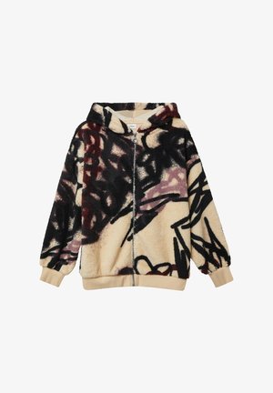 Felpa con zip in pile con motivi astratti neri, bordeaux e crema. Dotata di cappuccio e polsini elasticizzati realizzati in un morbido tessuto testurizzato.