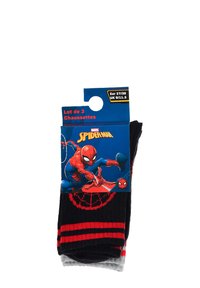 Drei Paar Spider-Man-Themen-Socken in Schwarz und Grau mit roten Netzdesigns, verpackt mit einer blauen Karte, auf der Spider-Man schwingt.
