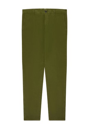 Spodnie o prostych nogawkach w kolorze oliwkowej zieleni, z szlufkami na pasek, z przodu zapinane na guzik, z suwakiem i bocznymi kieszeniami.