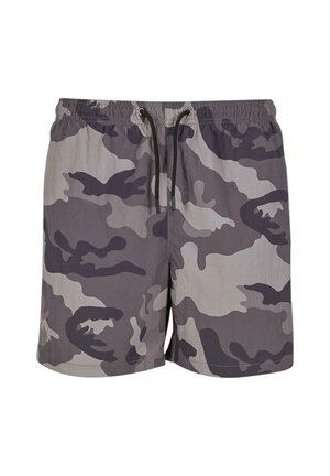 Kąpielówki w kamuflażu w odcieniach szarości i czerni. Posiadają elastyczny pas ze ściągaczem oraz lekką, gładką teksturę.