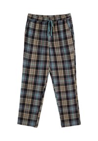 Karirane pižama hlače v različnih barvah, vključno z modro, črno in bež, s prožnim pasom in funkcijo vrvice.