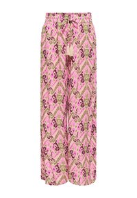 Pantalon à jambes larges avec imprimé abstrait rose, vert et bordeaux, taille élastique et cordon de serrage à l'avant avec pompons.