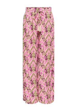 Vide bukser med abstrakt trykk i rosa, grønt og burgunder, elastisk midjebånd og fremre snor med dusker.