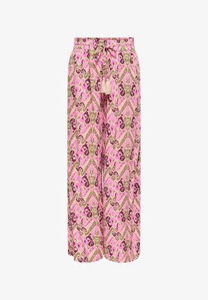Vide bukser med abstrakt trykk i rosa, grønt og burgunder, elastisk midjebånd og fremre snor med dusker.