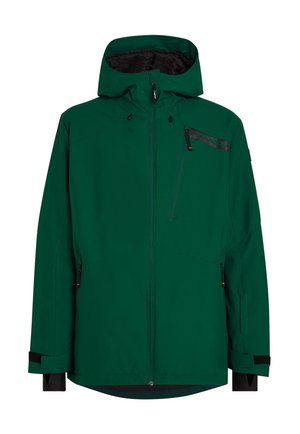 Veste imperméable verte avec fermeture éclair à l'avant, capuche ajustable et plusieurs poches zippées. Présente des accents noirs et des poignets en velcro.