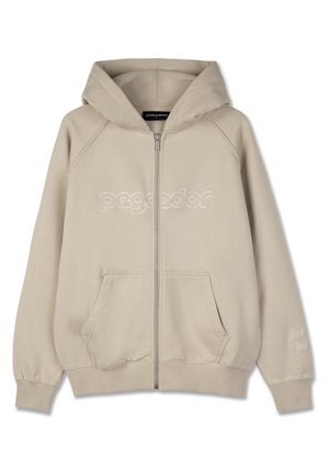 Beige tõmblukuga kapuutsiga jakk, mis on valmistatud pehmest kangast, esiosa logoga, kahe taskuga, ribikleidiga varrukatega ja välja trükitud fraasiga "Tee seda tuleviku nimel" varrukal.