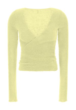 Pitkähihainen kietaisutoppi vaaleankeltaisena, valmistettu pehmeästä, teksturoidusta kankaasta. Siinä on syvä V-pääntie ja sivulla kerättyjä yksityiskohtia.