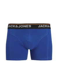 Modro bombažne bokser hlače s črnim pasom, na katerem je napis "JACK & JONES" v belem z oranžnim poudarkom. Gladek material, oprijet kroj.
