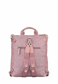 Sac à dos rose avec une finition texturée, doté d'une poignée supérieure, de bretelles ajustables, d'une poche zippée à l'avant et d'accents en métal argenté.