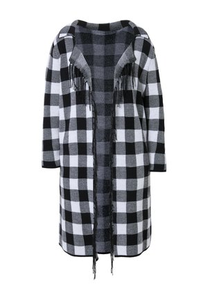 Manteau à carreaux noir et blanc avec capuche et détails à franges, présentant des manches trois-quarts et un design à l'avant ouvert.
