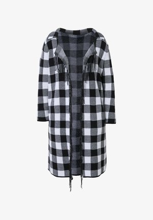 Schwarz-weißer karierten Mantel mit Kapuze und Fransenverzierung, ausgestattet mit Dreiviertelärmeln und einem offenen Frontdesign.