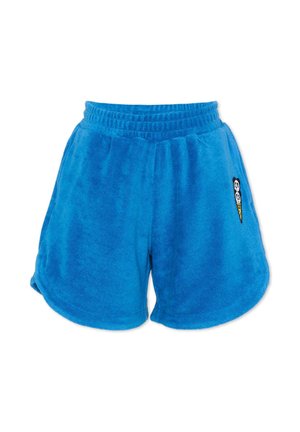 Shorts in spugna blu con fascia elastica in vita e gelato a cono con faccia di panda ricamato sulla coscia destra.