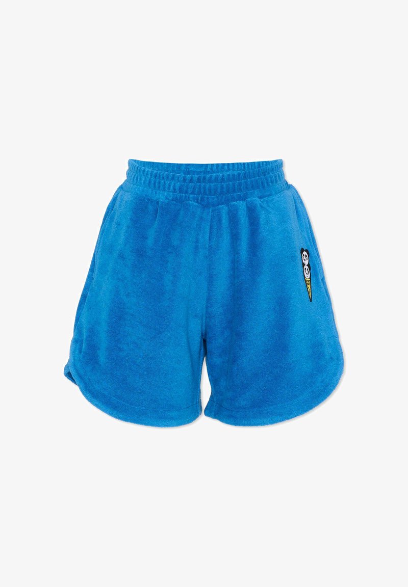 Shorts en éponge bleue avec ceinture élastique et cône de glace visage de panda brodé sur la cuisse droite.