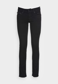 Svart stretchjeans med slim fit, featuring framfickor, dragkedjestängning och en slät struktur. Inga synliga mönster eller detaljer.