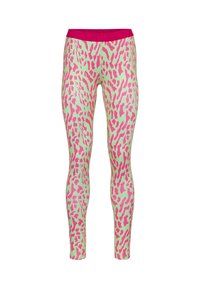 legginsit, joissa on vaaleanpunainen ja vihreä leopardikuosi, leveä joustava vyötärönauha, joka on kiinteä vaaleanpunainen, istuva malli ja sileä pinta.