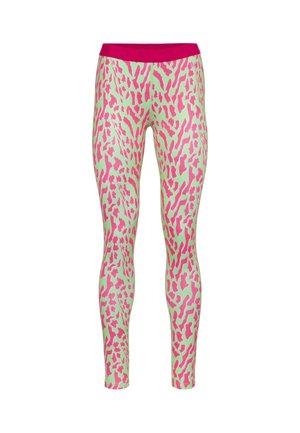Leggings mit einem pink-grünen Leopardenmuster, ausgestattet mit einem breiten, elastischen Bund in einfarbigem Pink, im körpernahen Design und mit glatter Textur.