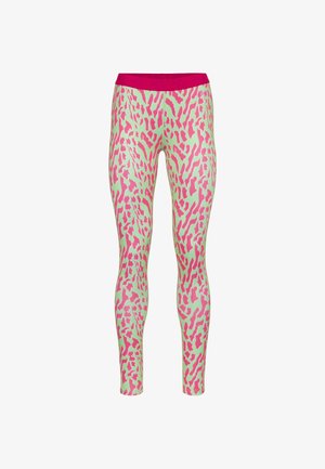 leggings with a pink and green leopard print pattern, featuring a wide elastic waistband in a solid pink color, fitted design, and smooth texture.