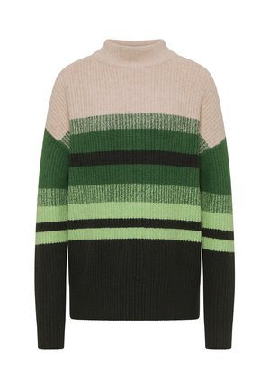 Dzianinowy sweter z wysokim kołnierzem, zdobiony poziomymi paskami w kolorach zielonym, jasna zieleń, czarnym i beżowym. Miękka tekstura i luźny krój.