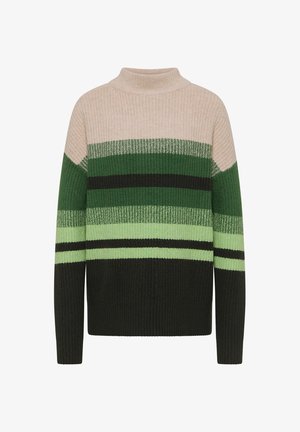 Dzianinowy sweter z wysokim kołnierzem, zdobiony poziomymi paskami w kolorach zielonym, jasna zieleń, czarnym i beżowym. Miękka tekstura i luźny krój.