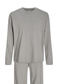 Haut à col rond à manches longues de couleur gris clair avec un pantalon assorti, fabriqué dans un tissu doux et lisse.