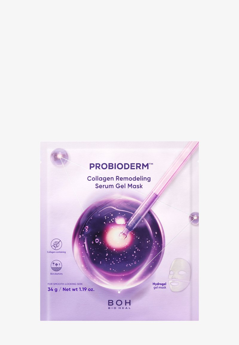 Verpakking van PROBIODERM Collagen Remodeling Serum Gel Mask met paarse serumdruppel en pipet, voor een gladde huid en huidelasticiteit, netto gewicht 34 g.