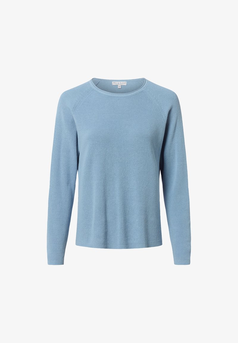 Hellblau gestrickter Pullover mit langen Ärmeln, rundem Halsausschnitt und geripptem Muster. Hat eine lockere Passform und keine sichtbaren Beschläge oder Akzente.