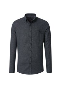 Dunkelgrauem Hemd mit Knopfleiste aus strukturiertem Stoff, ausgestattet mit einem Kragen, langen Ärmeln, einer Brusttasche und einem kleinen Etikett nahe dem Saum.