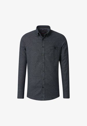 Dunkelgrauem Hemd mit Knopfleiste aus strukturiertem Stoff, ausgestattet mit einem Kragen, langen Ärmeln, einer Brusttasche und einem kleinen Etikett nahe dem Saum.