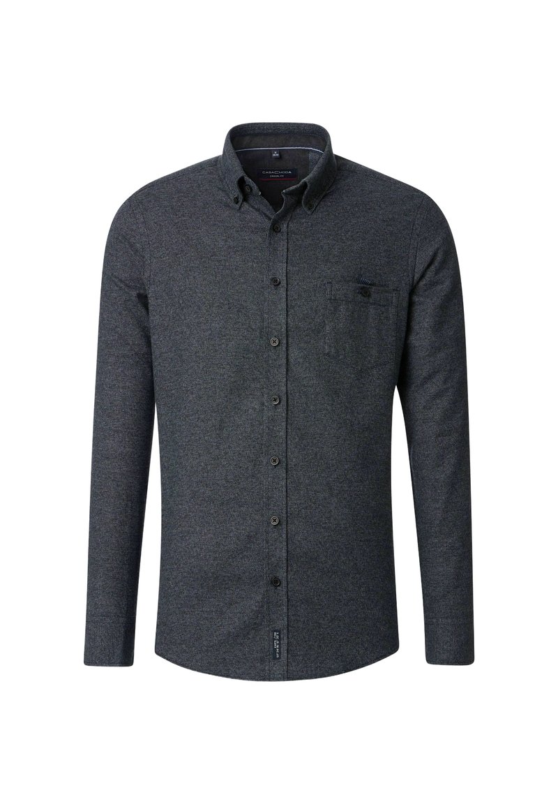Dunkelgrauem Hemd mit Knopfleiste aus strukturiertem Stoff, ausgestattet mit einem Kragen, langen Ärmeln, einer Brusttasche und einem kleinen Etikett nahe dem Saum.
