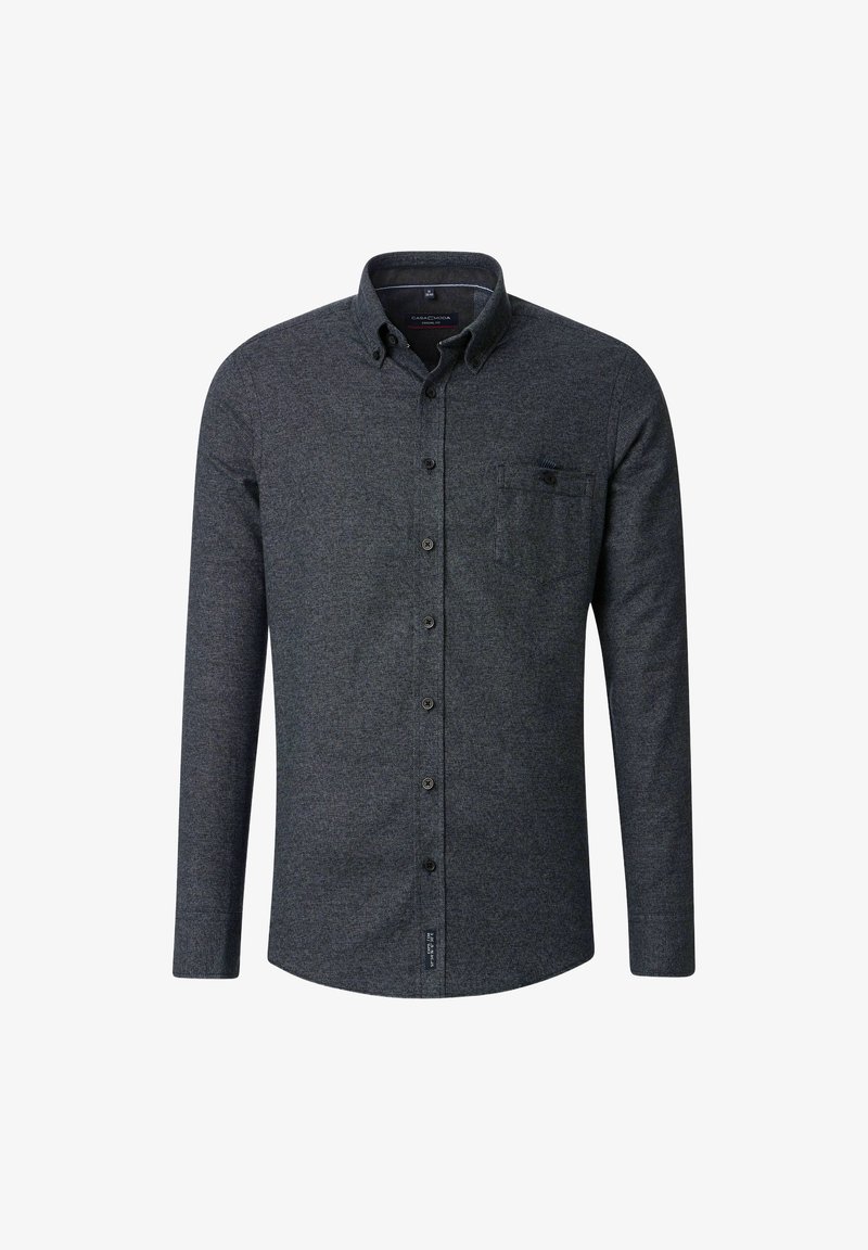 Dunkelgrauem Hemd mit Knopfleiste aus strukturiertem Stoff, ausgestattet mit einem Kragen, langen Ärmeln, einer Brusttasche und einem kleinen Etikett nahe dem Saum.