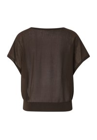 Blouse marron foncé à manches courtes avec un large décolleté et un ourlet côtelé ajusté, vue de dos sur fond blanc.