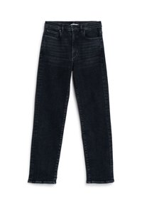 Jeans en denim noir avec une coupe droite. Comprend cinq poches, des passants de ceinture et un léger délavage sur le devant. Accents classiques en couture.