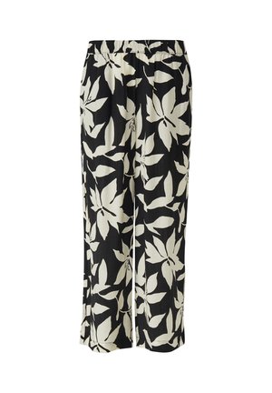 Schwarze Hosen mit weitem Bein, großem weißem Blumenmuster und elastischem Bund, aus leichtem Stoff gefertigt.
