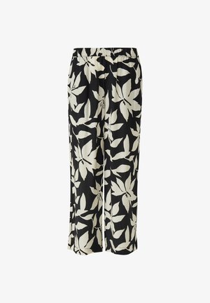 Schwarze Hosen mit weitem Bein, großem weißem Blumenmuster und elastischem Bund, aus leichtem Stoff gefertigt.