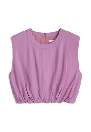 Korte mouwen, lichtroze top met een ronde halslijn en geplooide details aan de zoom. Voorzien van een ritssluiting aan de achterkant. Zachte stoftextuur.