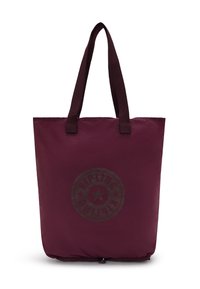 Maroon tote bag made of durable fabric, featuring two sturdy handles, a large central compartment, and a printed logo design on the front.