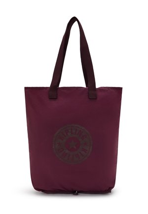 Maroon tote bag made of durable fabric, featuring two sturdy handles, a large central compartment, and a printed logo design on the front.