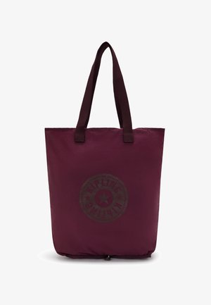 Maroon tote bag made of durable fabric, featuring two sturdy handles, a large central compartment, and a printed logo design on the front.