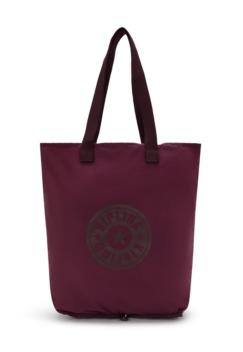 Maroon tote bag made of durable fabric, featuring two sturdy handles, a large central compartment, and a printed logo design on the front.