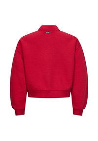 Rode cropped sweatshirt met een geribbelde kraag en manchetten, met een gladde textuur en een opvallend logotag aan de achterkant.