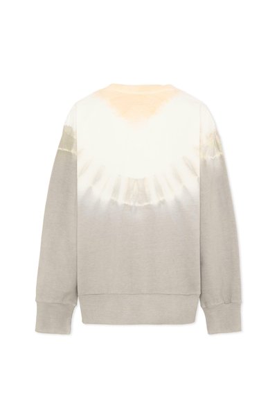 Sweat-shirt beige à manches longues avec un motif tie-dye blanc et pêche pâle sur le haut du dos et les épaules.