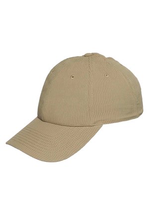Beige textured baseball cap with curved brim and ventilation eyelets, shown from a side angle on a white background.