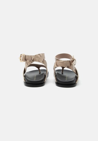 Sandales plates avec semelles noires et brides beige à imprimé serpent, avec une boucle pour l’orteil et une fermeture par boucle à la cheville, vues de dos.