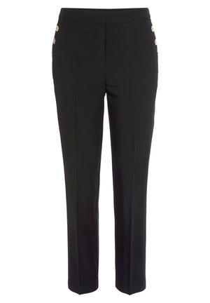 Zwarte op maat gemaakte broek met een rechte pijp, met gouden knopenaccenten aan de zijkanten en een zachte stofstructuur.
