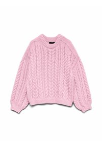 Pull rose en maille torsadée avec manches longues bouffantes et poignets, col et ourlet en côtes, posé à plat sur un fond blanc.